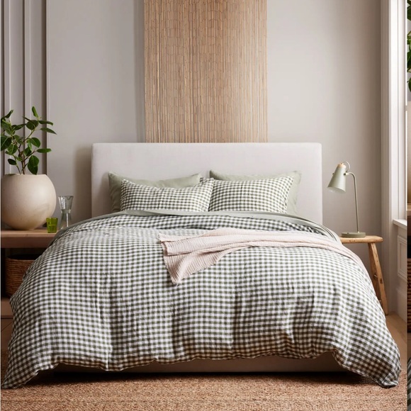 NWOT QUINCE European Linen Duvet Cover Set Olive Gingham Full/Queen - Picture 2 of 5